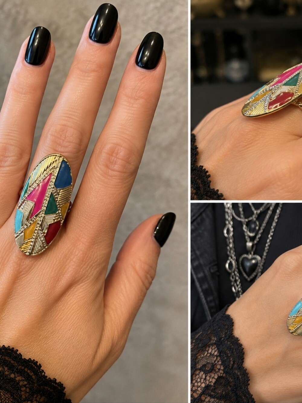 Vintage Gold Tone Multicolor Enamel Geometric Statement Ring